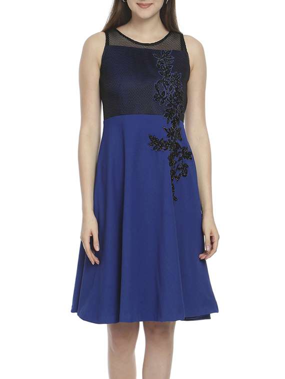 blue polyester fit & flare dress