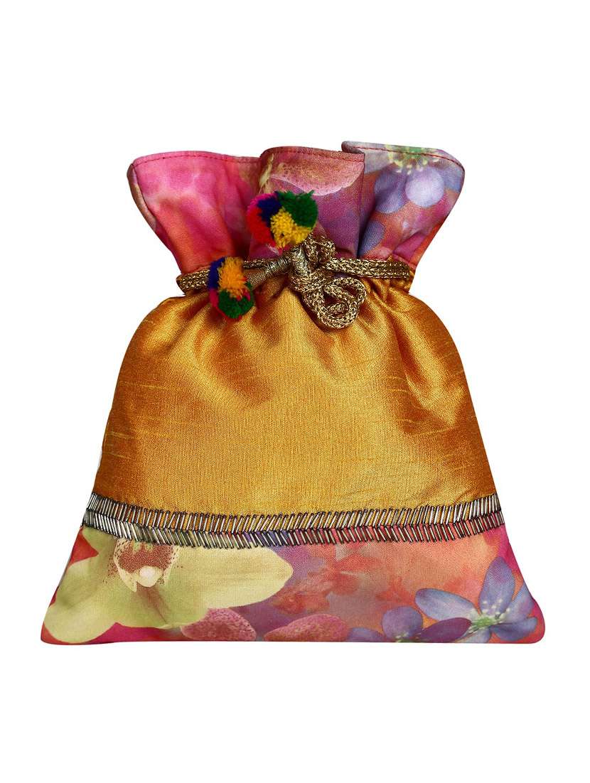 multicoloured printed and embellished potli