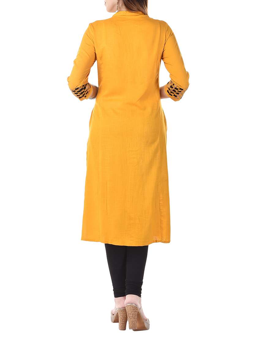 yellow cotton slub straight kurta - 12804921 - Standard Image - 2
