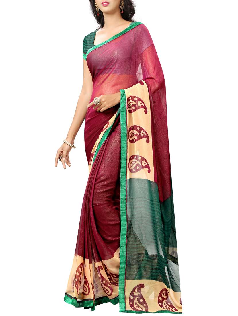 maroon color printed saree with blouse