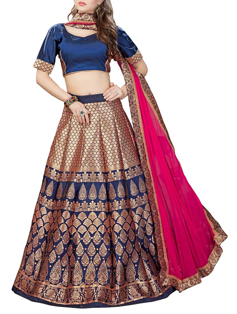 blue silk panelled lehenga