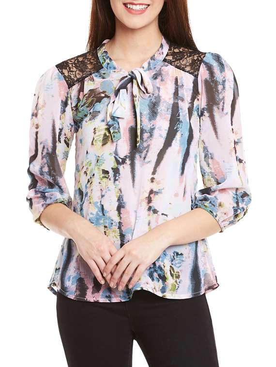 tie neck lace panel top