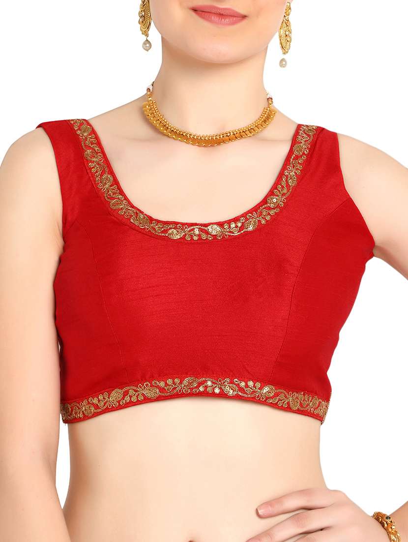 red embellished raw silk blouse