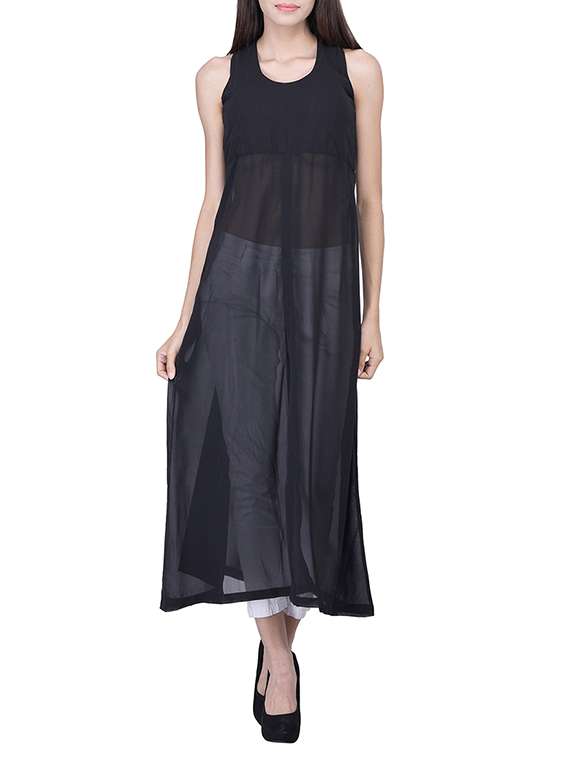 black solid sleeveless regular fit maxi tunic