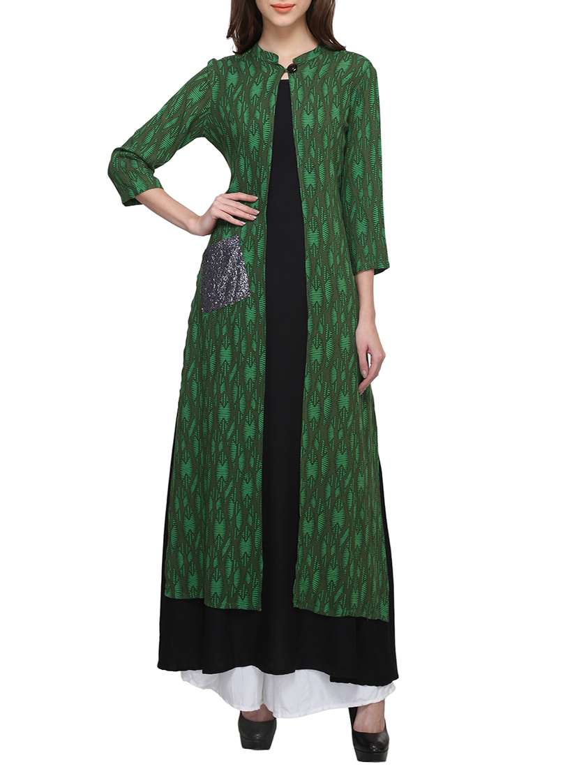 green & black rayon layered kurta