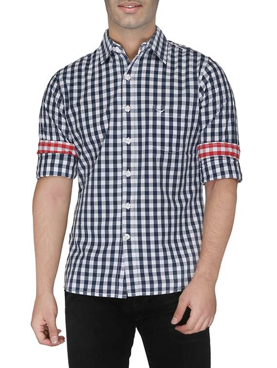 navy blue cotton checked casual shirt