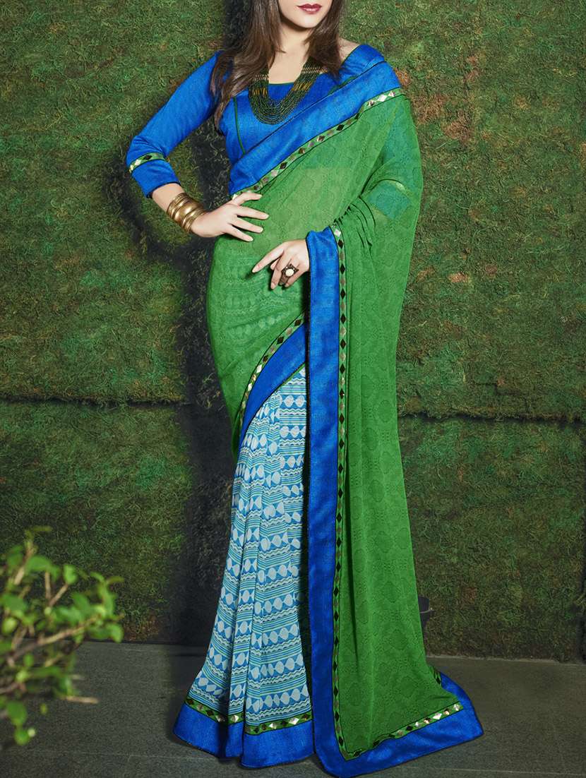 green  georgette printed half and half saree with blouse