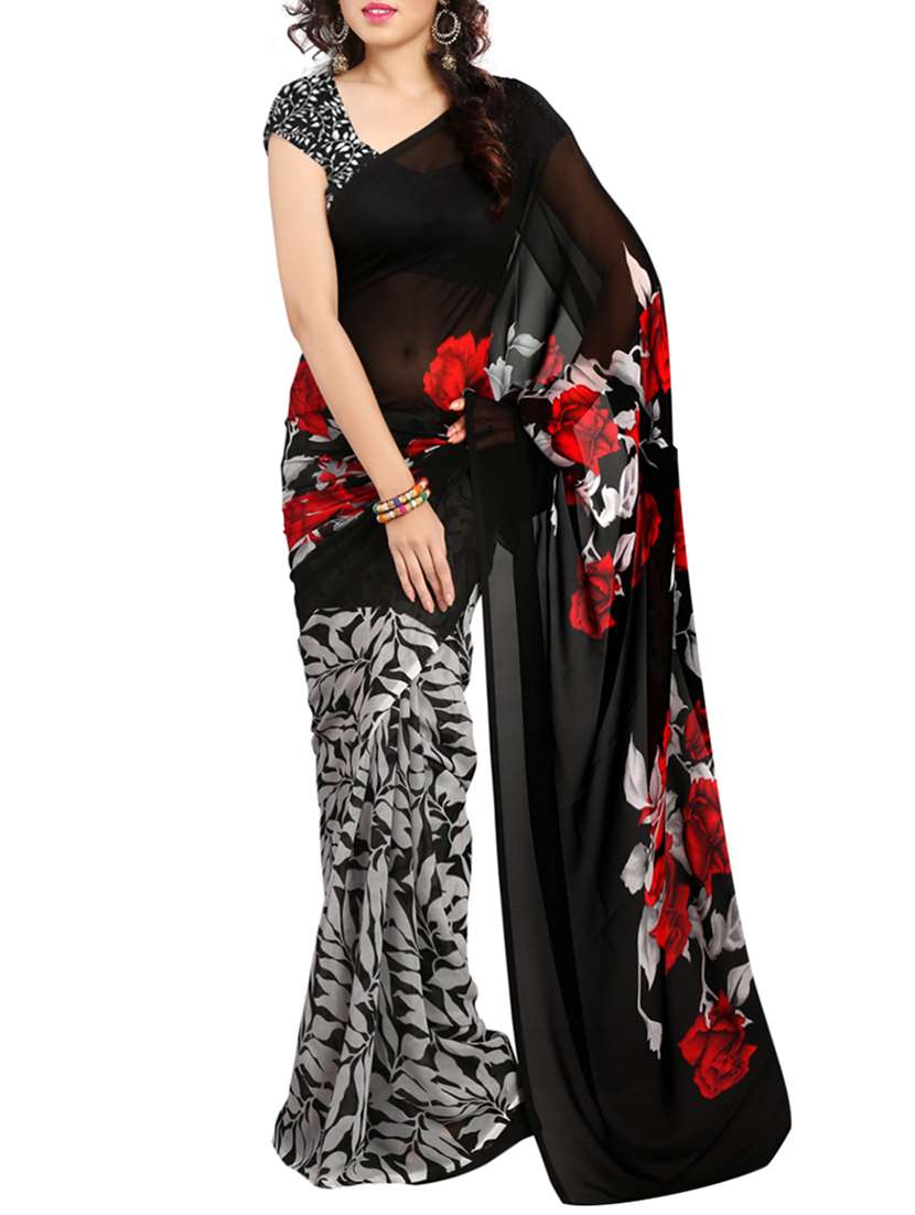 black georgette printed saree with blouse