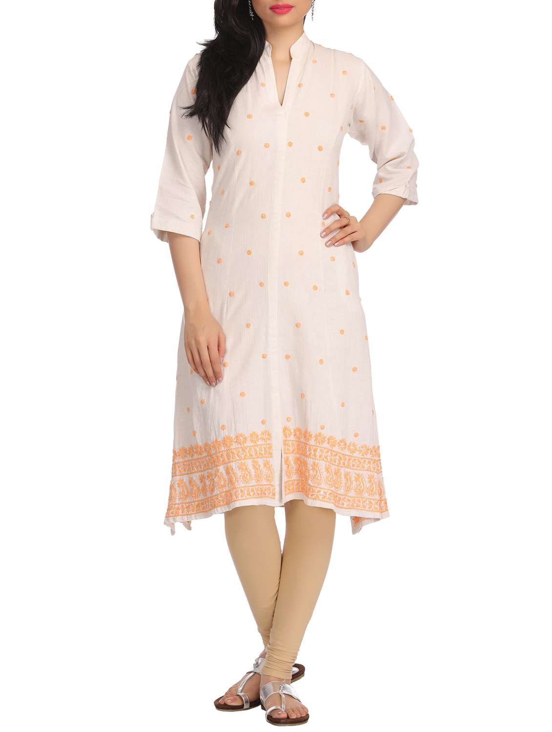 Cream chikankari embroidered cotton kurta
