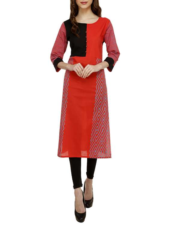 red cotton block printed straight kurta
