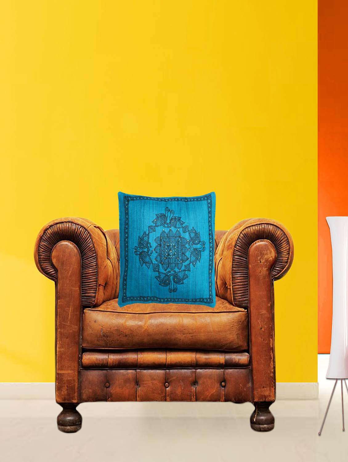 blue silk printed single cushion cover