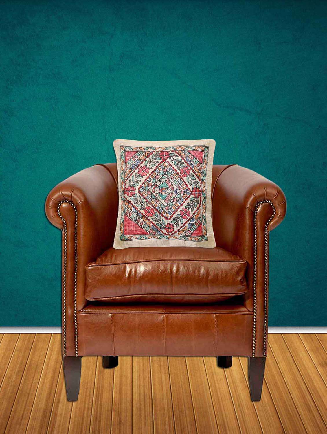 imithila madhubani folk art mithila artsilk cushion cover with beautiful parrot in a pattern