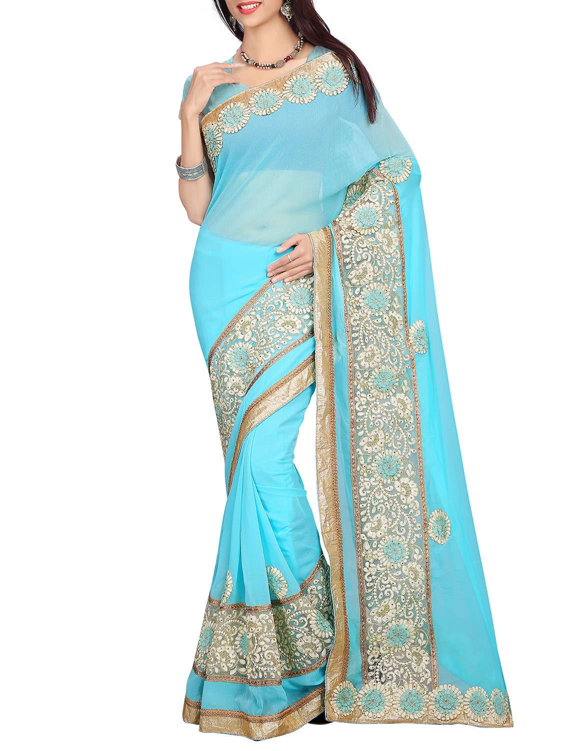 sky blue color chiffon saree with blouse