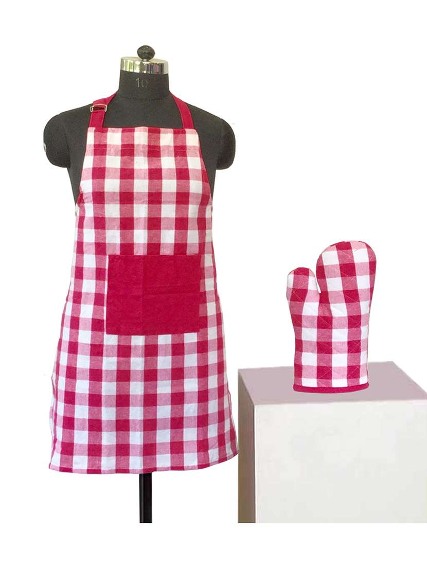 lushomes yarn dyed lilac checks aprons set (1 apron and 1 oven mitten)