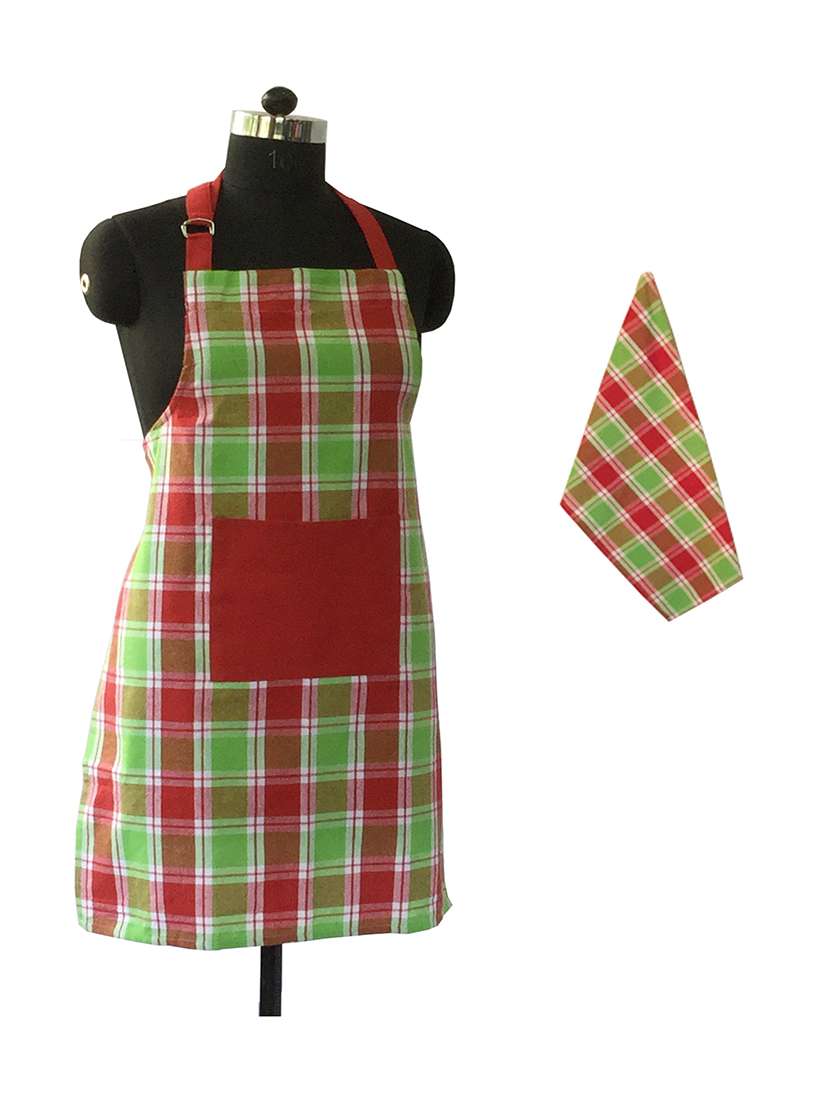 lushomes yarn dyed red and lemon green checks apron set (1 apron and 1 kitchen towel)