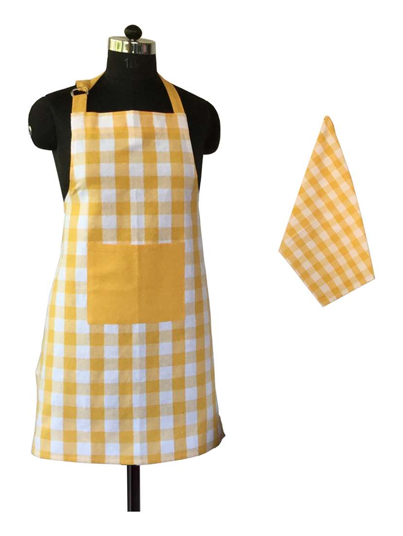 lushomes yarn dyed yellow checks aprons set (1 apron and 1 kitchen towel)