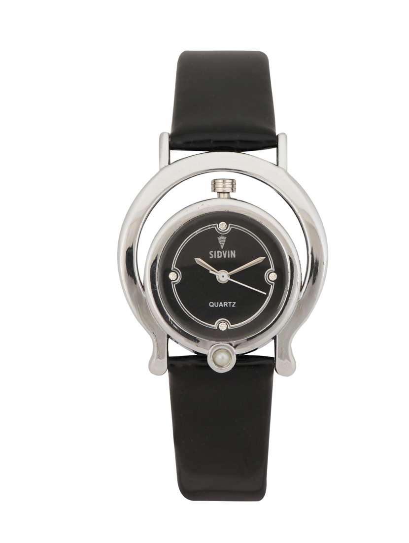 black leather strap round analog watch