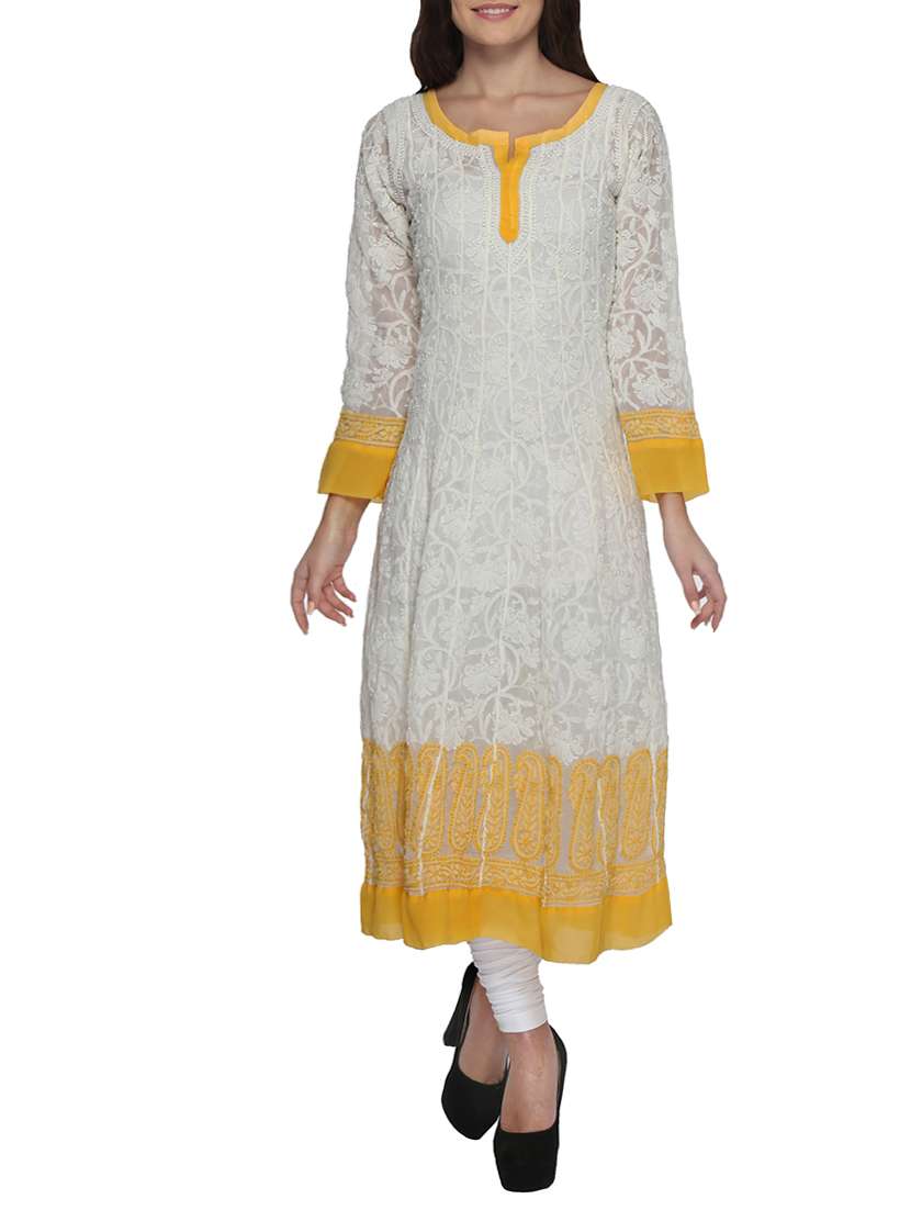 White chikankari embroidered faux georgette kurta