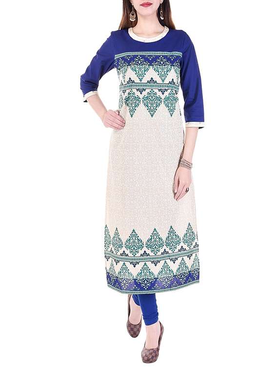 Beige and blue cotton straight kurta