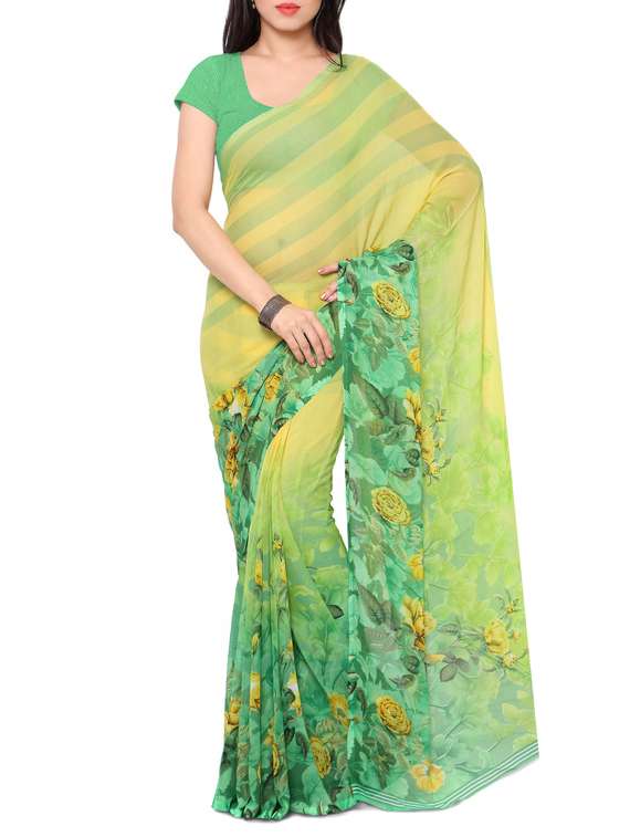 yellow chiffon printed saree with blouse
