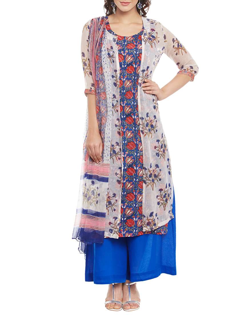 blue silk blend stitched plazoo suit