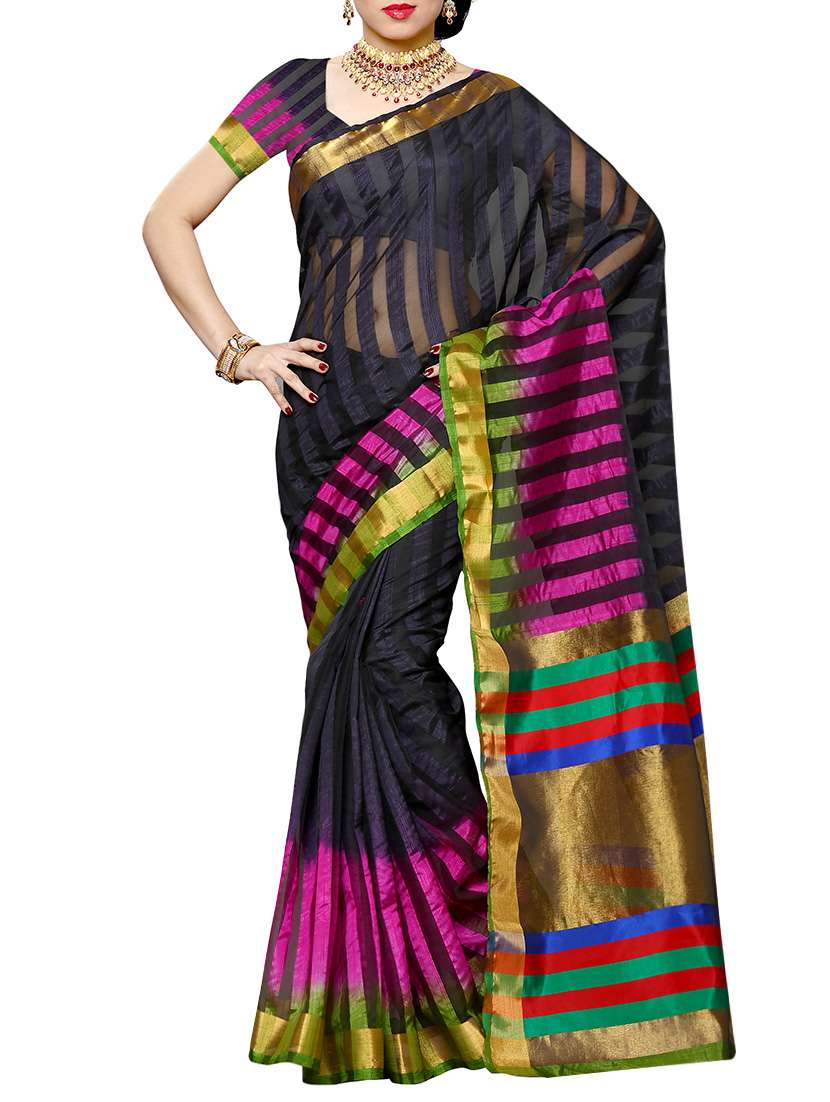 black raw silk woven saree