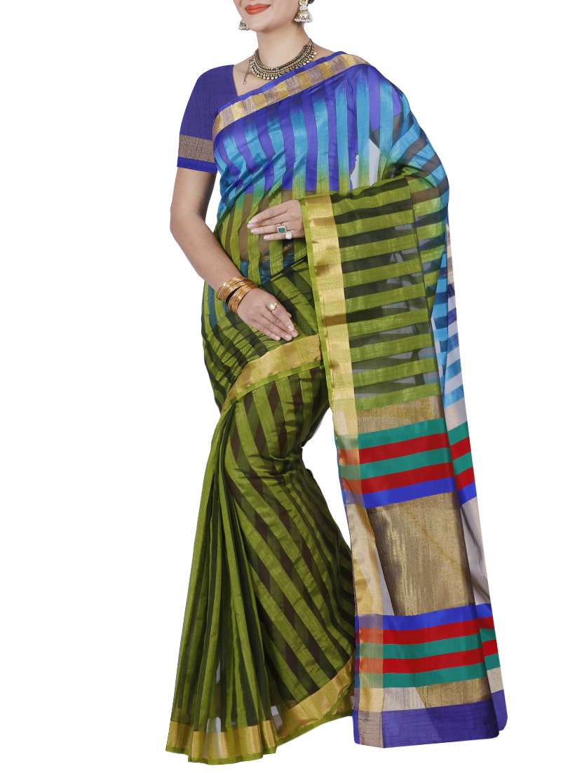 green raw silk woven saree