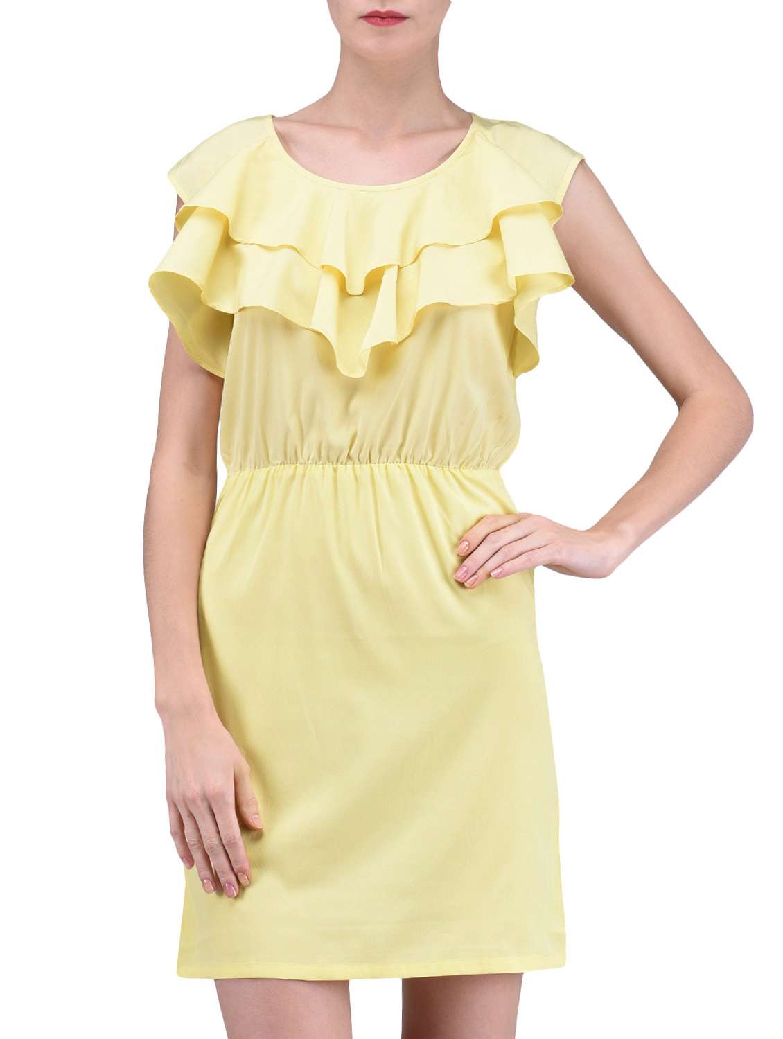 yellow plain gathers poly crepe dress