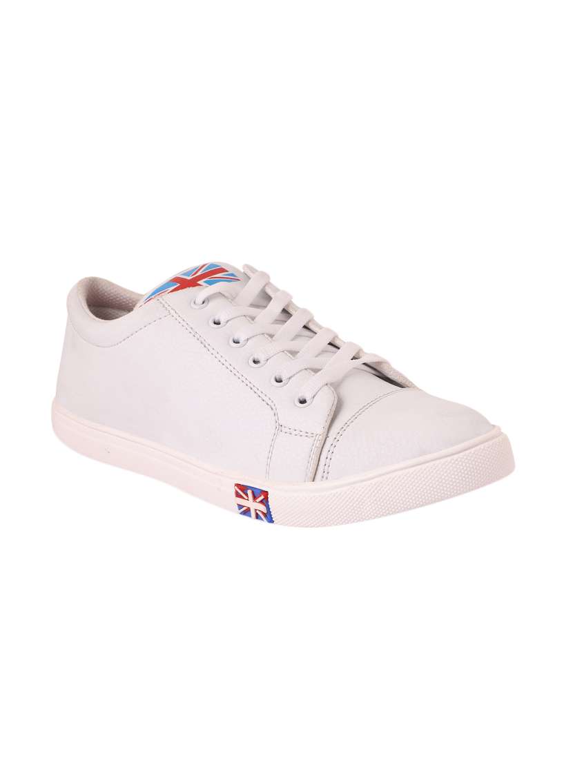 white synthetic lace up sneakers