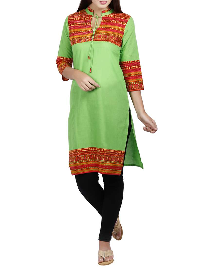green cotton printed straight kurta