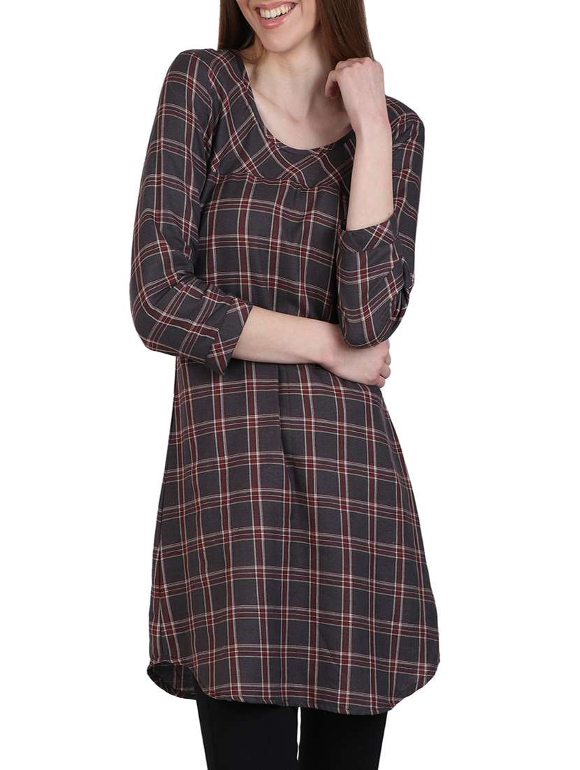 grey cotton checks printed a-line kurta