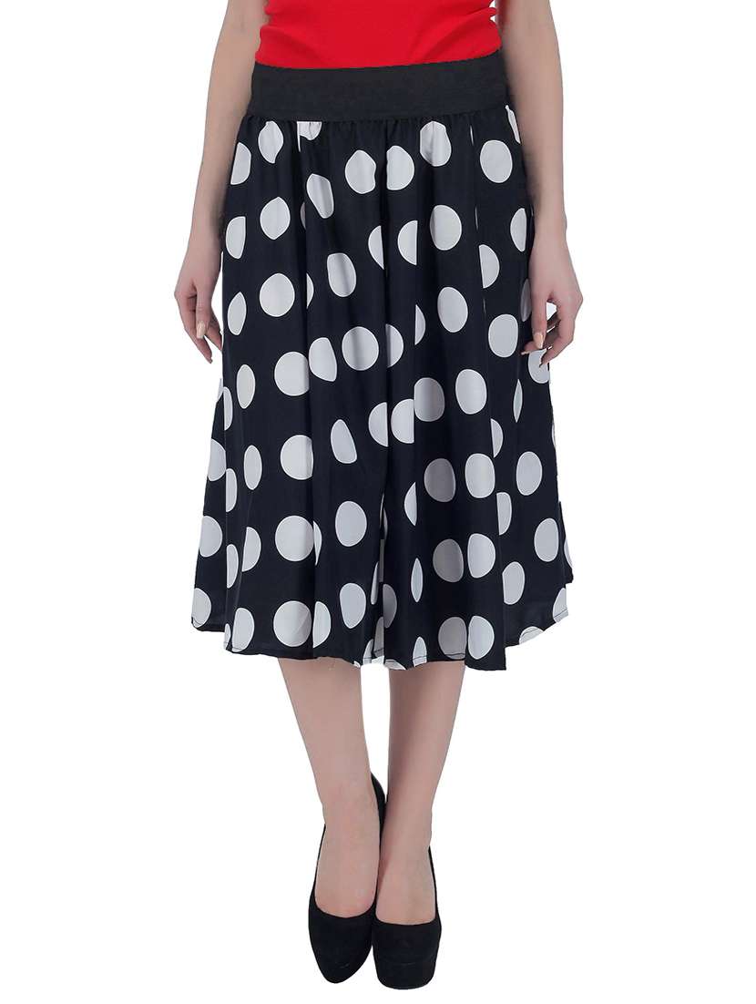 black polka dots printed crepe skirt