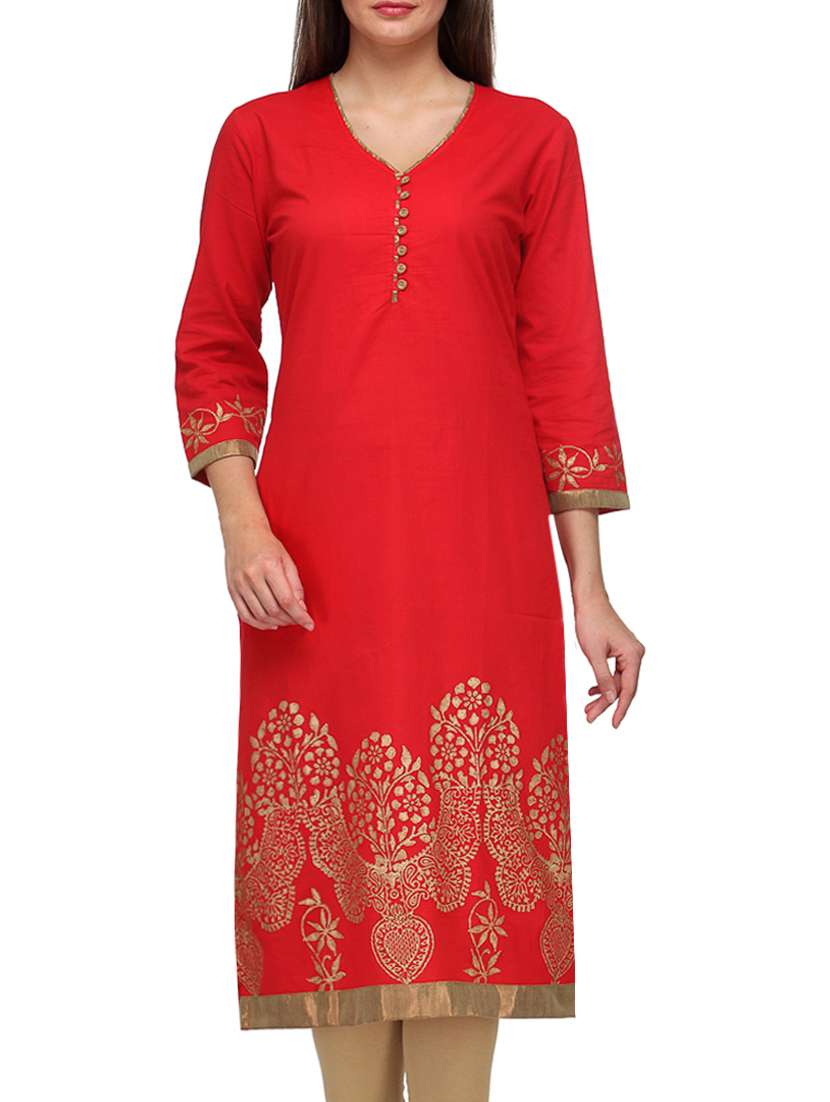 red cotton v neck kurta