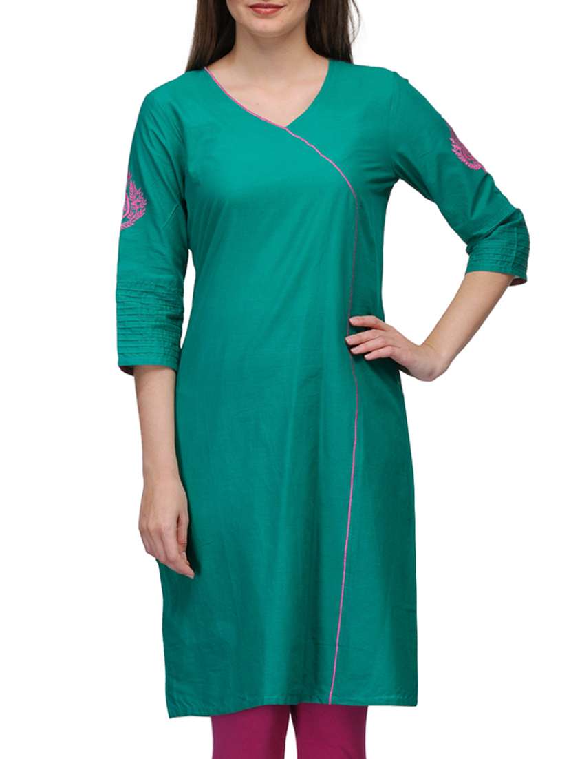 turquoise cotton embroidered v neck kurta
