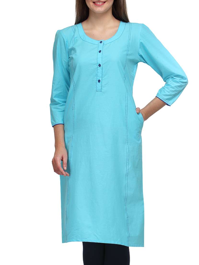  blue cotton round neck kurta