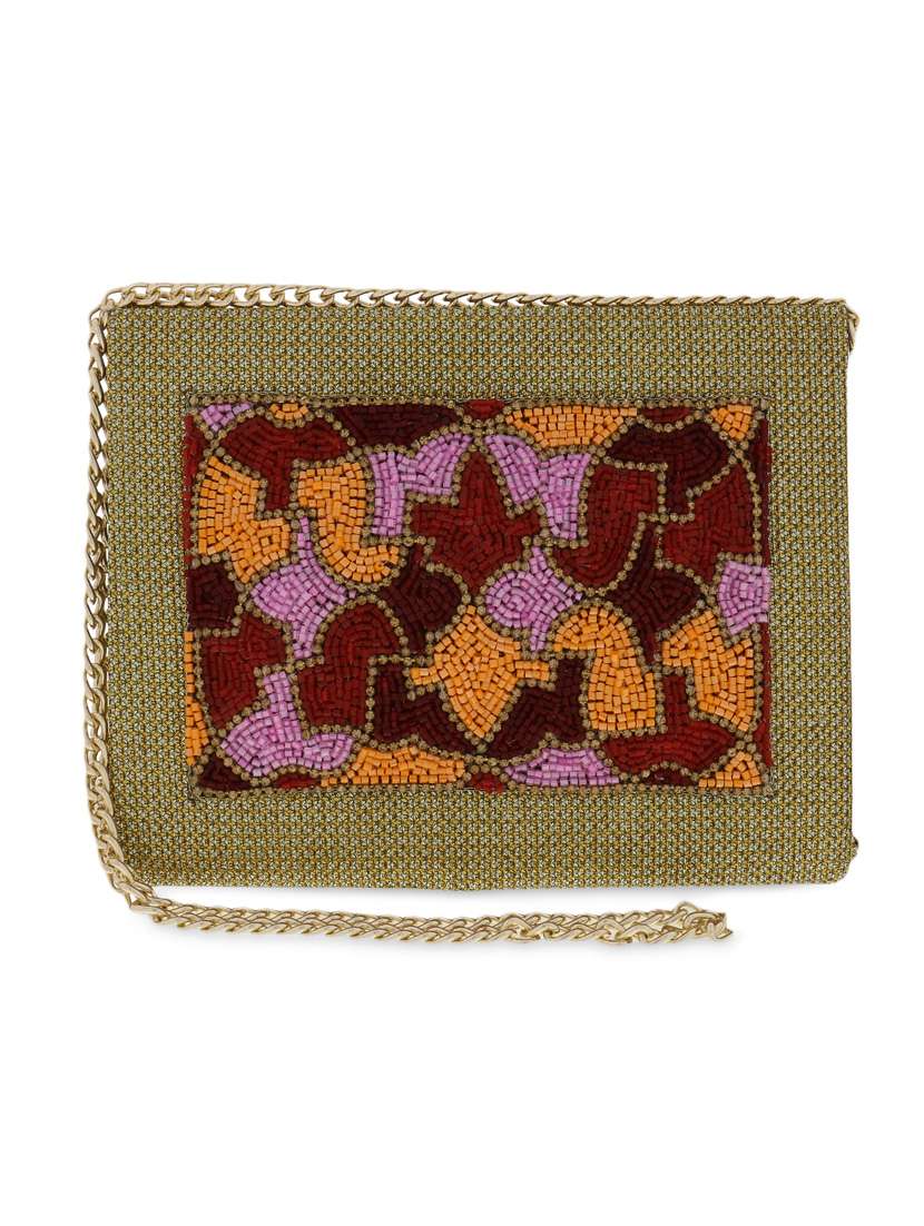 gold beaded leatherette clutch