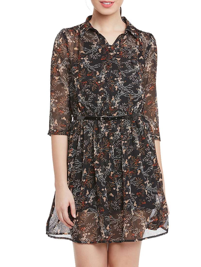black printed chiffon belted dress