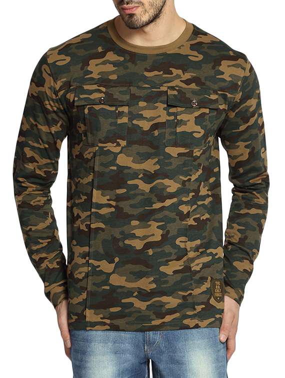 green cotton camouflage printed t-shirt