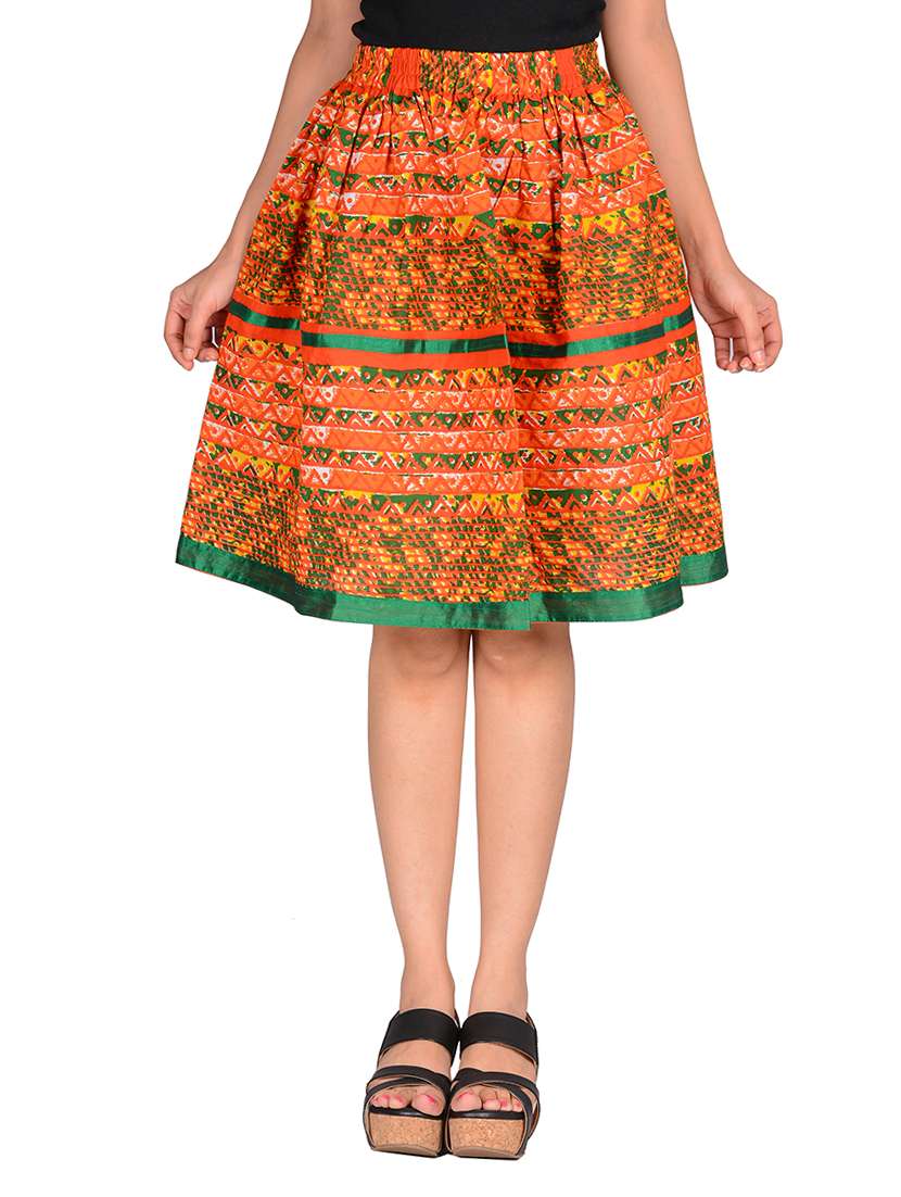 orange printed cotton skirt