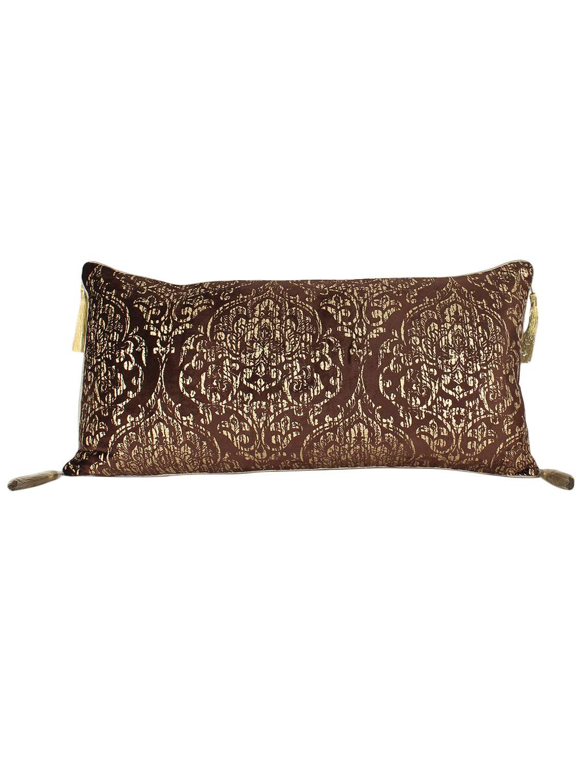 sanaa gold foil printed rich chocolate velvet and highlighted tassels cushion cover brown/gold 30x60 cms