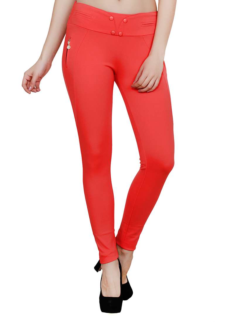red polyester jeggings