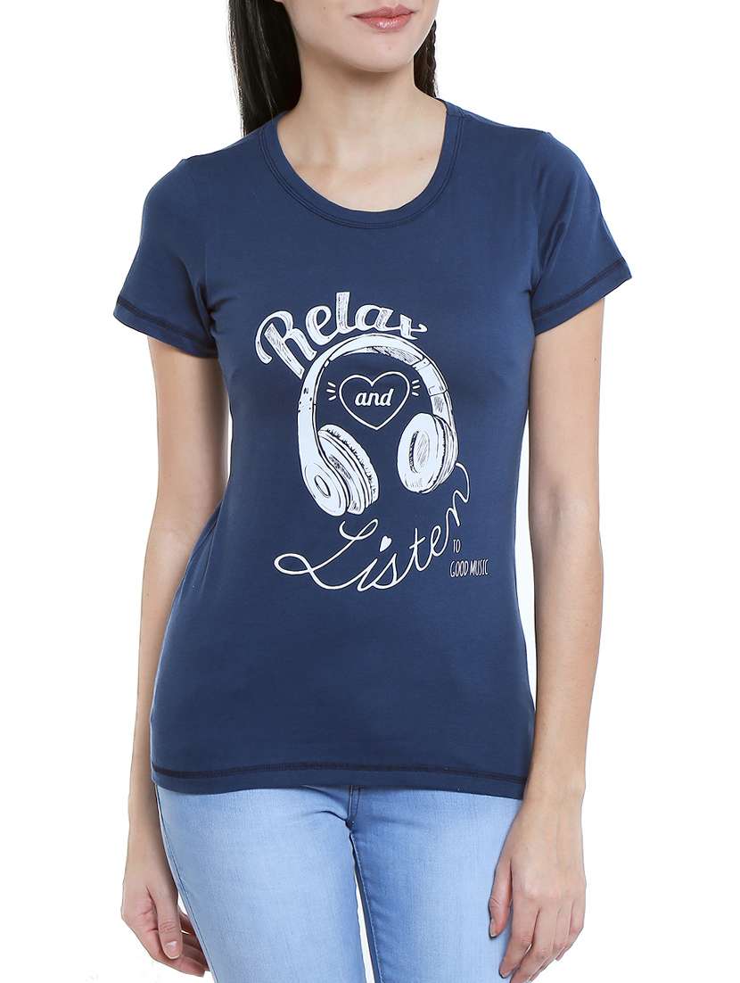 blue printed cotton regular tee