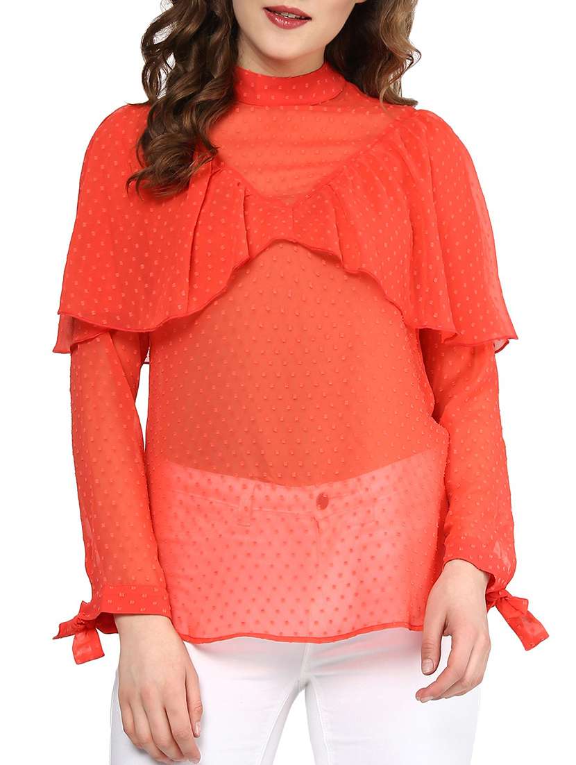 red poly georgette ruffle top