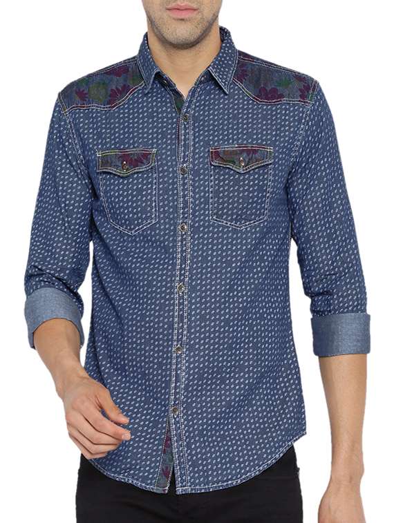 blue denim printed casual shirt