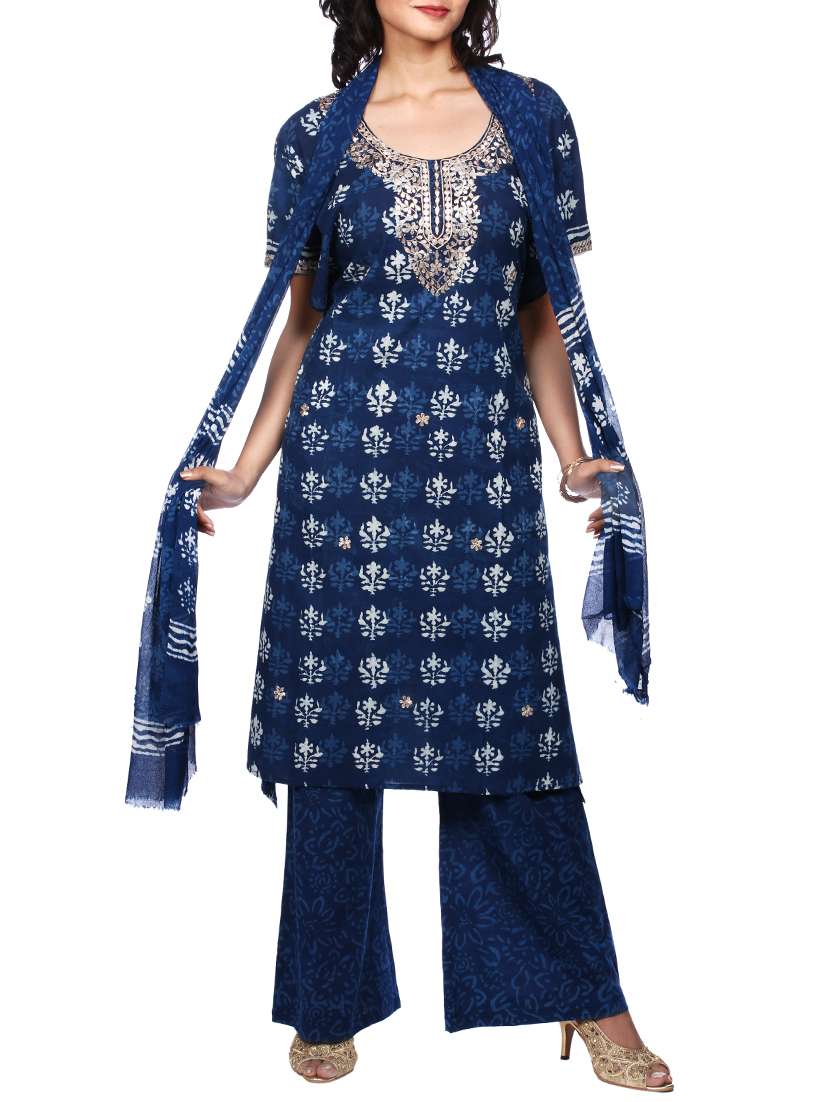 blue cotton embellished straight suit