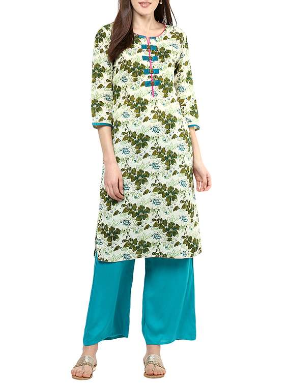 green cotton printed kurta with pink palazzo set