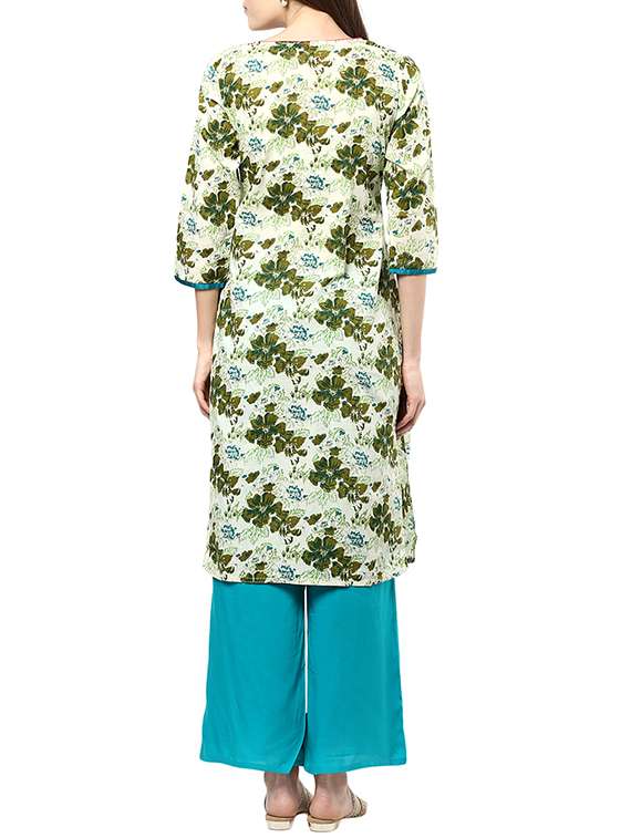 green cotton printed kurta with pink palazzo set - 12994415 -  Standard Image - 2
