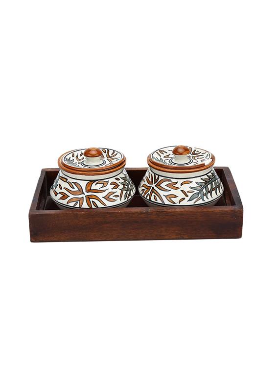 unravel india ceramic handi set (set of 2) with wooden base tray - 12997654 - Standard Image - 2