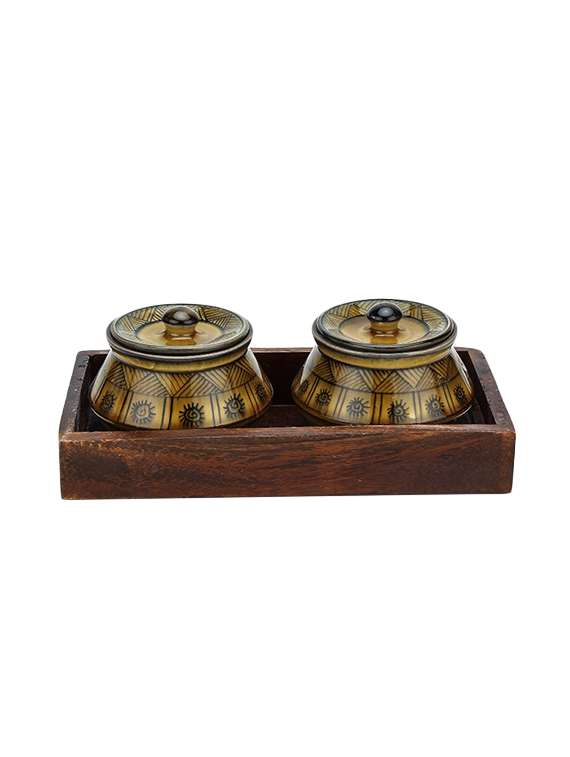 unravel india ceramic handi set (set of 2) with wooden base tray - 12997655 - Standard Image - 2