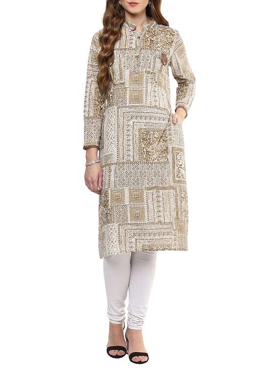 brown cotton block printed straight kurta